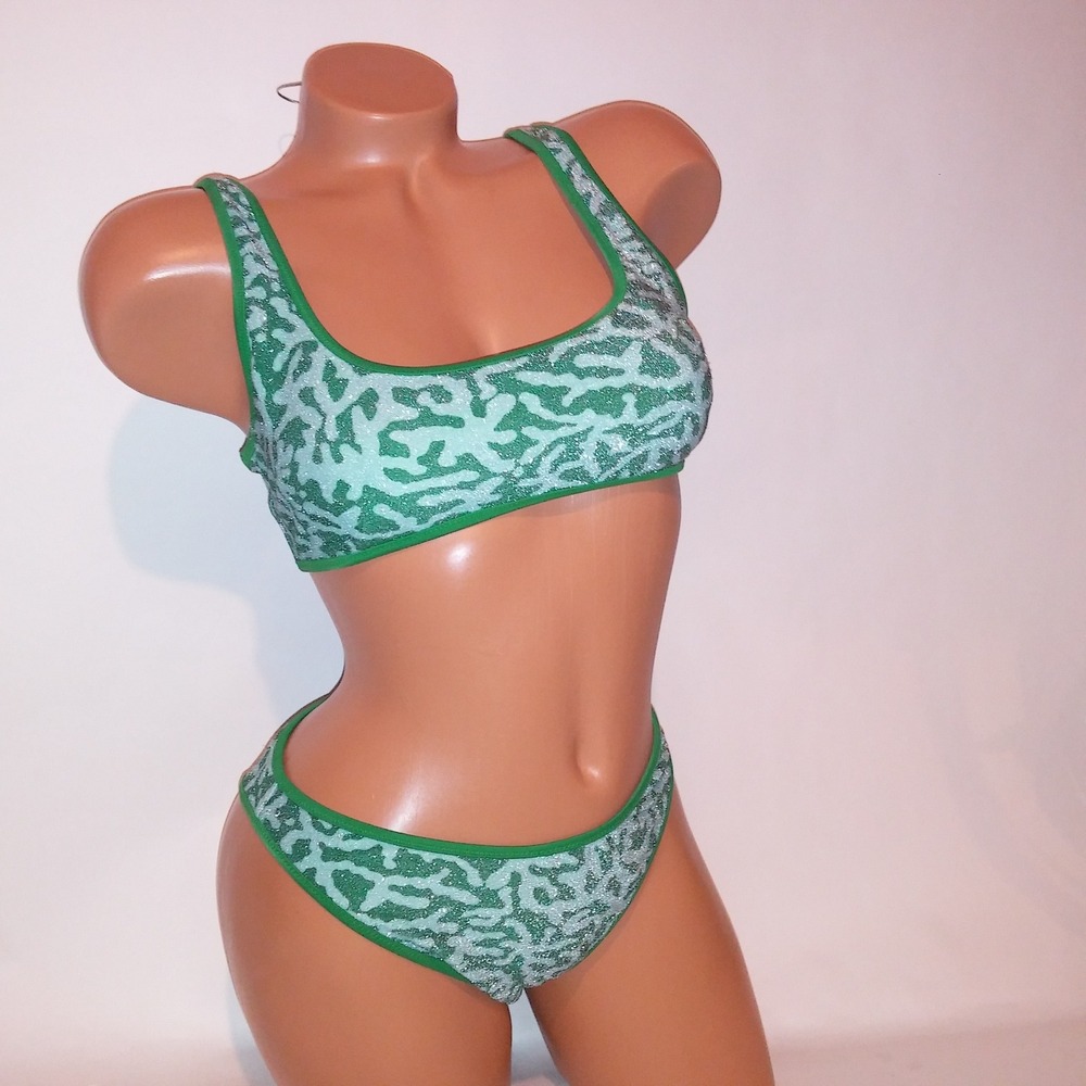 Aerie Swim Bikini Medium Top & Bottom Scoop Cheekiest Green Blue Leopard Shimmer